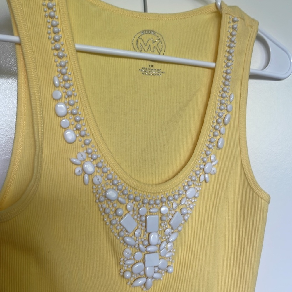 Michael Kors ribbed, embellished yellow tank top.  Cute beading.  Festival.